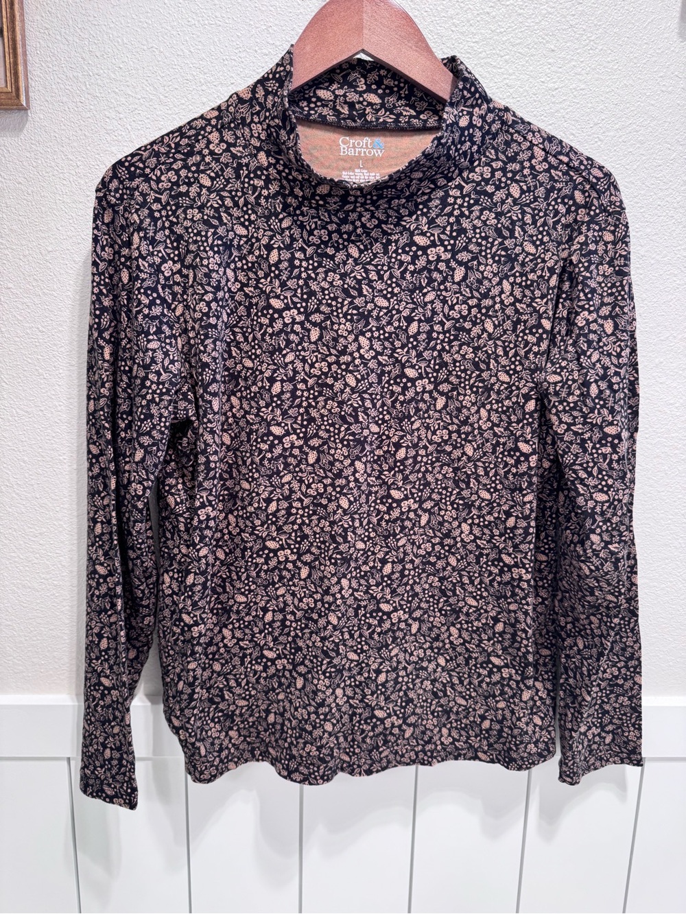 Autumn Harvest Mushroom Forest print Black Floral Mock Neck Long-Sleeve Top